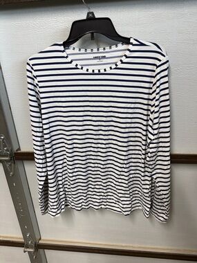 Lands' End Navy and White Striped Long-Sleeve Swim Tee